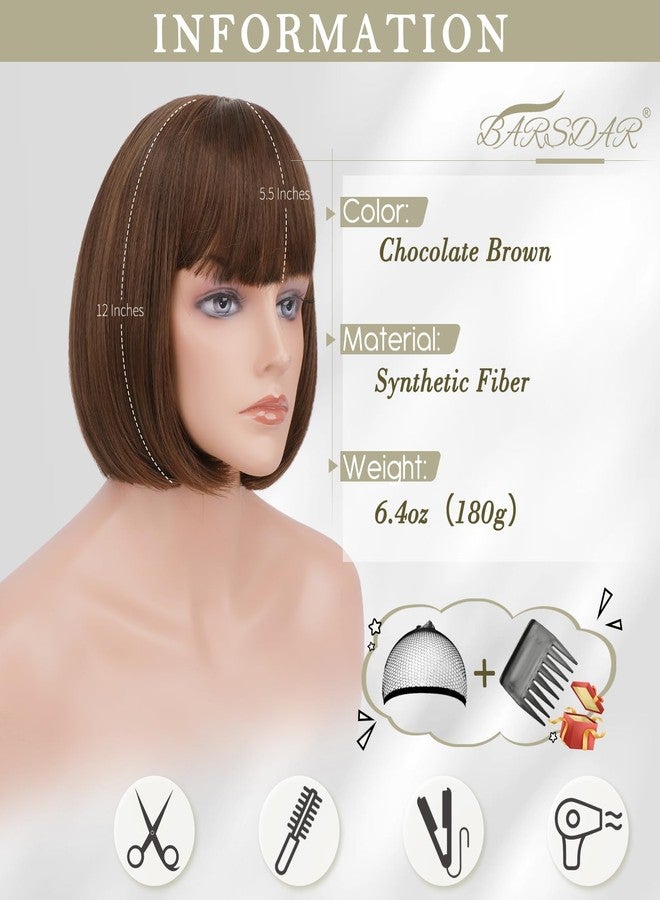 BARSDAR Short Brown Bob Wig With Bangs - Short Brown Bob with Bangs Wig for Women - 12 Inch Natural Looking Soft Synthetic Hair Replacement Wigs Velma Dora Wigs Daily Party Halloween - Image 2